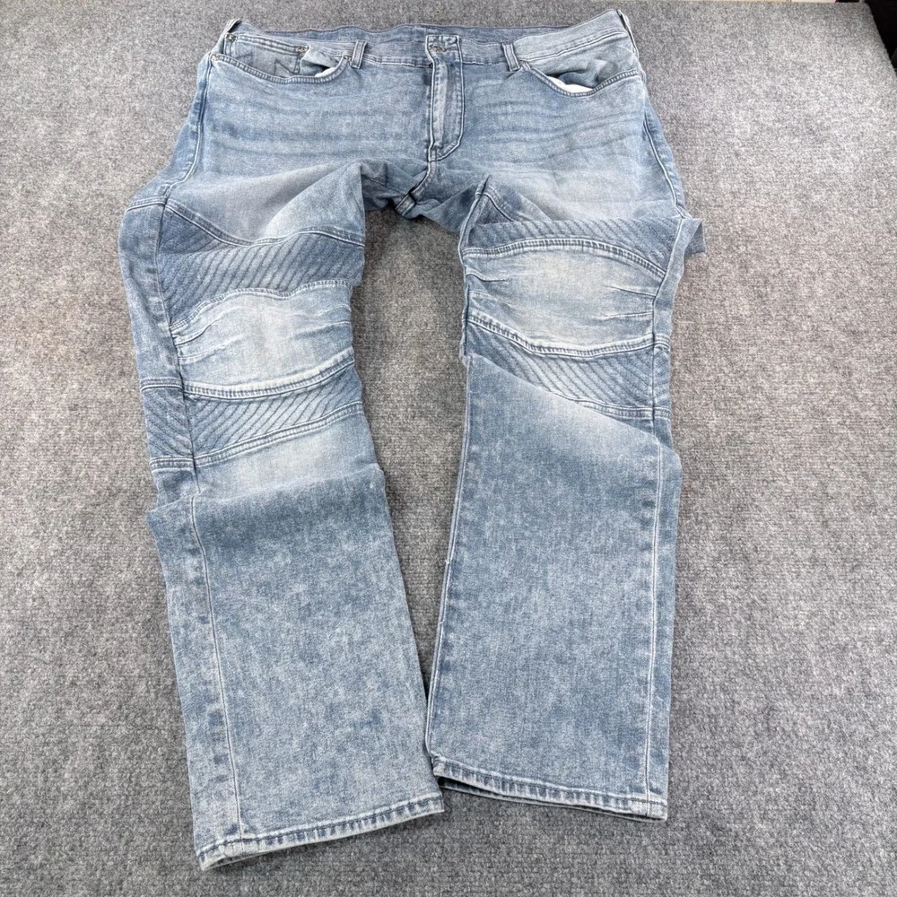 True Religion Geno Relaxed Slim Moto Jeans Mens 42 Light Wash Blue Ribbed Knee